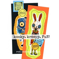 Two colorful handmade paper craft Halloween cards featuring whimsical Kooky Kreature Halloween Collage Sheets.  One blue monster and one white rabbit, 