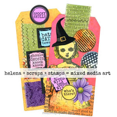 Mixed Media Halloween Rubber Stamped Art Tags with Fabric Stitching