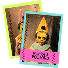 A Wicked Potion Mixed Media  Halloween Artist Trading Card Colorized with Copic Markers and Rubber Stamped with Halloween Words.