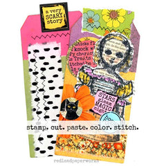 Collage art with skeleton, cat, and Halloween rubber stamped elements