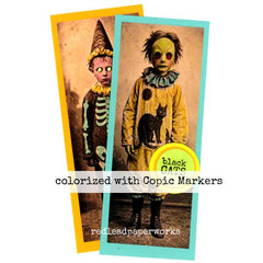 2 Mixed Media Halloween Cards Colorized with Copic Markers with Rubber Stamped Halloween Words