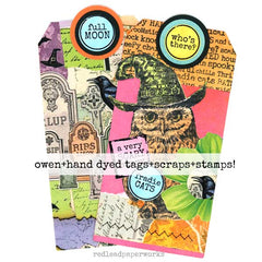 Colorful mixed media art tag with rubber stamped  owl design