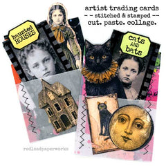 Vintage Halloween Artist Trading Cards made with Rubber Stamped Words, Halloween Collage Sheets. Black Cats, Moon Faces, Halloween Paper Dolls.