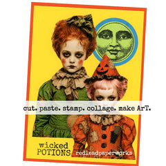 A vintage-style collage artwork with two children in Halloween clown costumes on a bright yellow background, bordered in orange. A green circular moon stamp  appears at the top right.