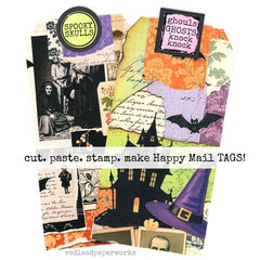 Halloween-themed paper scraps collage sheet with witch hats haunted houses bats