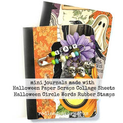 Mini journals made with Halloween paper scraps and collage sheets, featuring spooky designs.