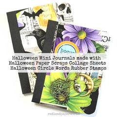 Halloween-themed mini journals with paper scraps and rubber stamps on a white background