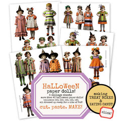 Set of Halloween-themed paper dolls wearing fun halloween costumes