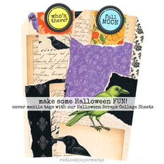 Halloween-themed collage sheets with birds, text, and decorative elements on a white background.