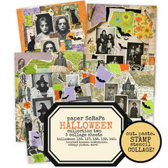 Halloween-themed collage sheets with vintage-style Halloween ghouls witches torn papers 