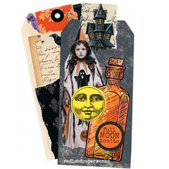 Vintage Style Halloween Art Tag  with a Potion Bottle, Halloween Paper Doll, Moon Face Stamp, and Haunted House.