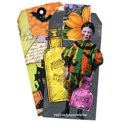 Vintage Style Halloween Art Tag  with a Potion Bottles,  
Scary Halloween Paper Doll, and Haunted House.