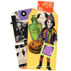 Vintage Style Halloween Art Tag  with a Potion Bottle, Jack O lantern, Spooky Halloween Paper Doll, Haunted Faces.