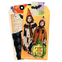 Vintage Style Halloween Art Tag  with a Potion Bottle, 2 Halloween Paper Dolls dressed in Ghost Costumes .