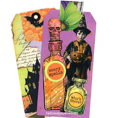 Vintage Style Halloween Art Tag  with 2 Potion Bottles,  Spooky Halloween Paper Doll, and Haunted House.