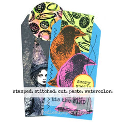 Colorful Stitched Mixed Media Tags with Raven Birds.