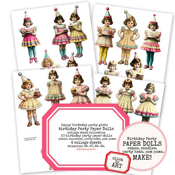 Whimsical Happy Birthday Paper Dolls Collage Sheet Collection Save 15%