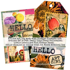 Artistic tag with floral elements and 'HELLO' text, featuring vintage elements and rubber stamps.