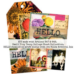 Mixed Media Artist Trading Card made with Collage Sheets and Hello Wood Mount Rubber Stamp