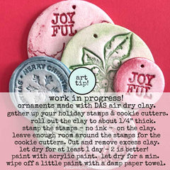 DIY Art Tip How to make Holiday Ornaments with Das Air Dry Clay and Red Lead Rubber Stamps.
