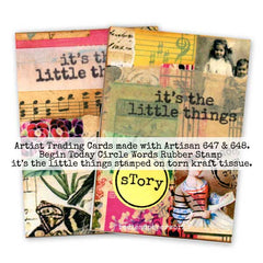Artisan Trading Cards with Its  the Little Things stamped  on torn kraft tissue