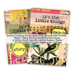 Collaged Artist Trading Cards with It's the Little Things stamped on vellum paper