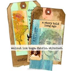 Two decorative tags with artistic designs and text on a white background