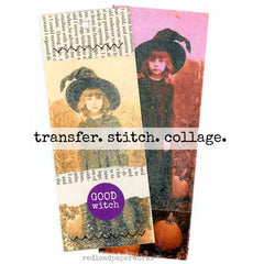 Collage of a girl in a witch costume with text 'transfer. stitch. collage.' and 'Good Witch' on a white background.