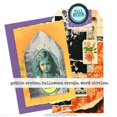 Collage of vintage-style paper scraps with gothic arches and Halloween elements.