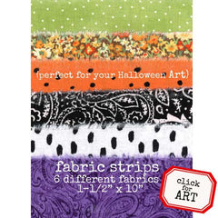 Packaging of fabric strips with various patterns and colors, labeled 'perfect for your Halloween Art'.