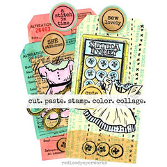 Collage of cut-out paper collage sheets  with words on a stamped art tag