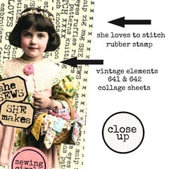 Vintage-style collage with a young girl holding a basket of fabric scraps, and decorative elements.