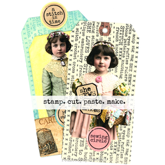 Collage of vintage-style images and text with 'a stitch in time' branding.