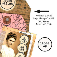 Collage of vintage-style elements including a woman's portrait, buttons, and text on a textured background.