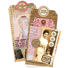 Vintage Walnut Inked Tags stamped with vintage buttons and thimble rubber stamps
