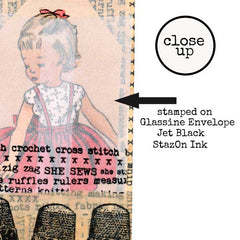Illustration of a girl with text on a glassine envelope, using StazOn Ink.