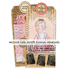 Decorative paper tag with vintage design elements and text, featuring a child and sewing-themed illustrations.