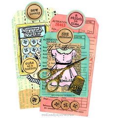 Collage of vintage-style cards with sewing-themed graphics and text.