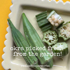 Fresh green okra pods and sliced okra pieces arranged on a white scalloped dish over a yellow surface, 