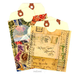 2 Stitched Mail Art Pockets, Tags, Glassine Envelope, Vintage Postage Stamps