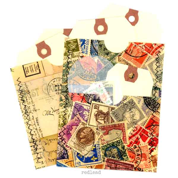 2 Stitched Mail Art Pockets, Tags, Glassine Envelope, Vintage Postage Stamps