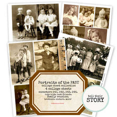 Collage of vintage black and white photos of children with text 'Portraits of the Past'.