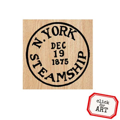 Wooden stamp with engraved text 'N. York Steamship' on a white background
