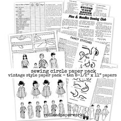 Vintage-style sewing paper pack with illustrations and text on a white background