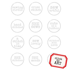 Set of circle word cling mount rubber stamps related to sewing and crafting on a white background 
