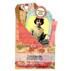 Vintage-style decorative tag with a photo of a young girl and text 'stitched with love