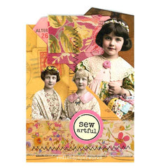 Collage of vintage-style junk journal pocket  with 'sew artful' text on a colorful background