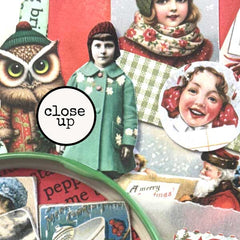 Collage of vintage-style illustrations with children, animals, and holiday-themed elements.