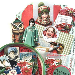 Collection of vintage-style Christmas cards and decorations with a focus on holiday-themed illustrations.