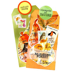 Mixed Media Autumn Themed Art Tag with Leaves, Vintage Postage Stamps, Stamped Words An Autumn Forest